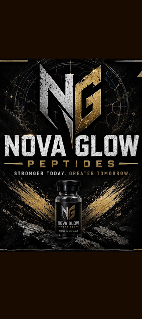 NOVA GLOW PEPTIDES brand artwork with NG monogram and black research vial